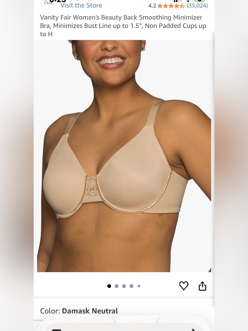 Vanity fair minimizer bra, 34DD, never worn.  Beige color w underwire.